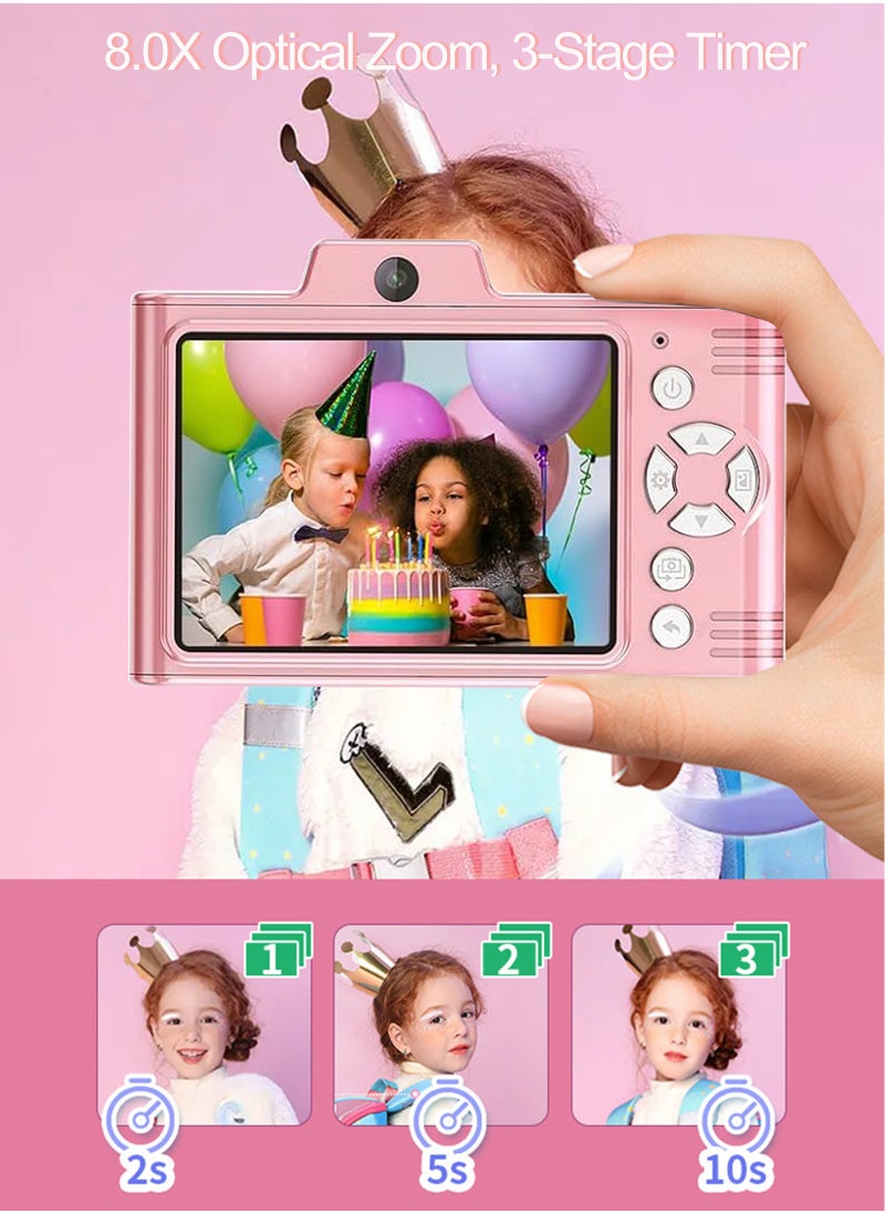 LAIAOCISI - Digital Camera, FHD 1080P Kids Camera, 48MP Point and Shoot Digital Cameras with 32GB Memory Card and Two Batteries, 8X Zoom , Lanyard, Compact Size Camera for Boys/Girls (Pink) - Image 1