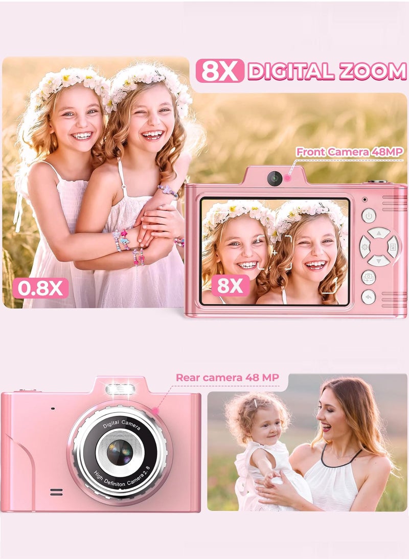 LAIAOCISI - Digital Camera, FHD 1080P Kids Camera, 48MP Point and Shoot Digital Cameras with 32GB Memory Card and Two Batteries, 8X Zoom , Lanyard, Compact Size Camera for Boys/Girls (Pink) - Image 1
