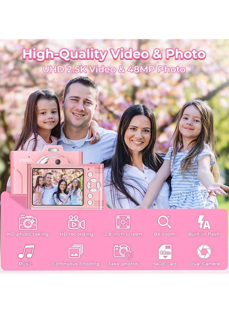LAIAOCISI - Digital Camera, FHD 1080P Kids Camera, 48MP Point and Shoot Digital Cameras with 32GB Memory Card and Two Batteries, 8X Zoom , Lanyard, Compact Size Camera for Boys/Girls (Pink) - Image 1