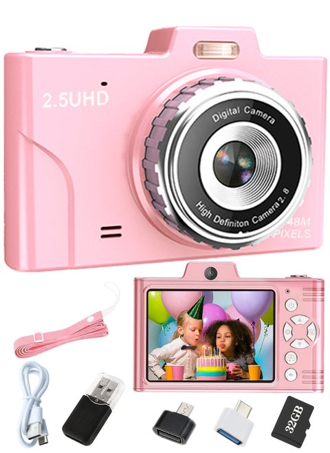 Digital Camera, FHD 1080P Kids Camera, 48MP Point and Shoot Digital Cameras with 32GB Memory Card and Two Batteries, 8X Zoom , Lanyard, Compact Size Camera for Boys/Girls (Pink)