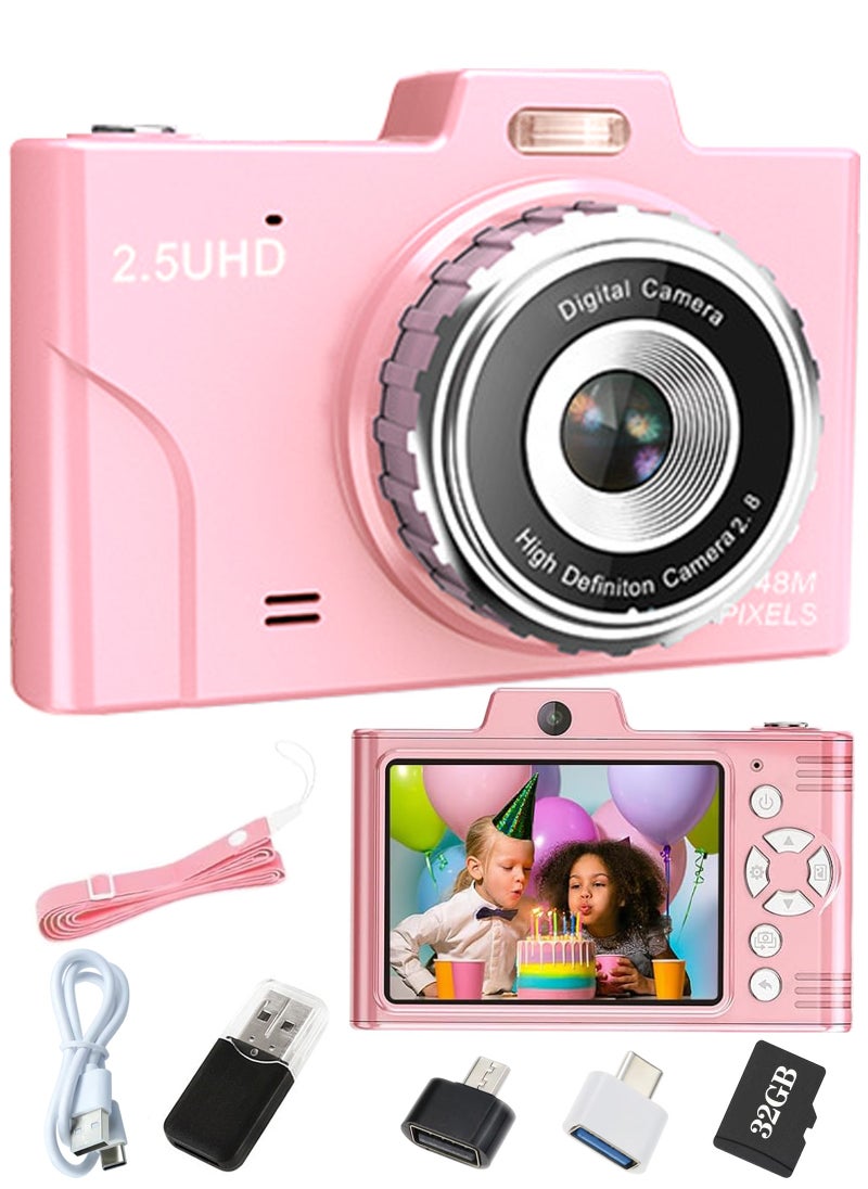 LAIAOCISI - Digital Camera, FHD 1080P Kids Camera, 48MP Point and Shoot Digital Cameras with 32GB Memory Card and Two Batteries, 8X Zoom , Lanyard, Compact Size Camera for Boys/Girls (Pink) - Image 1