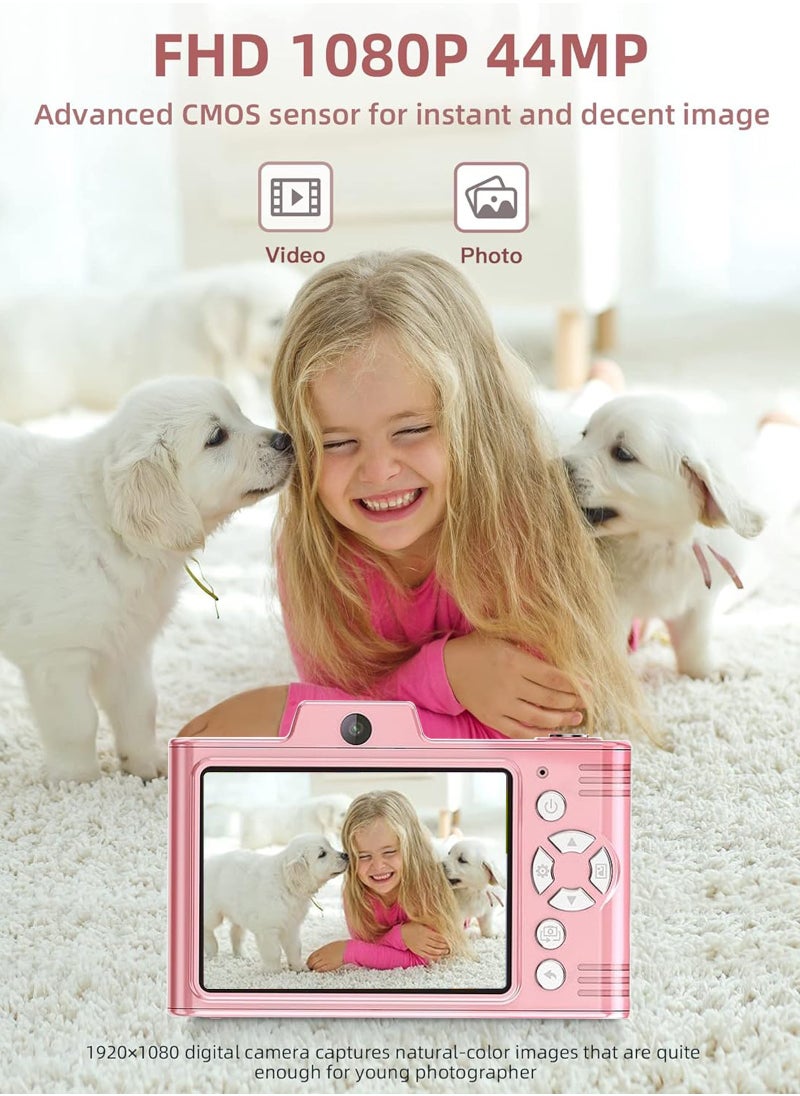 LAIAOCISI - Digital Camera, FHD 1080P Kids Camera, 48MP Point and Shoot Digital Cameras with 32GB Memory Card and Two Batteries, 8X Zoom , Lanyard, Compact Size Camera for Boys/Girls (Pink) - Image 1