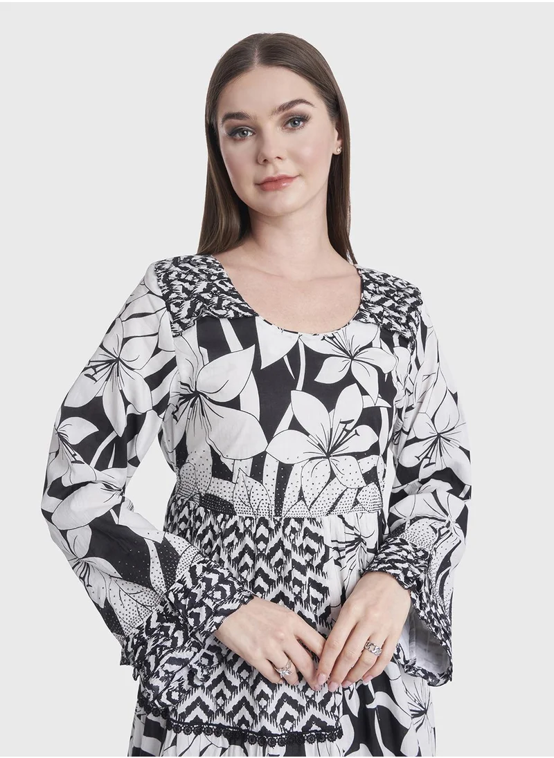 KASHKHA Cotton Abstract and Flower Print Jalabiya