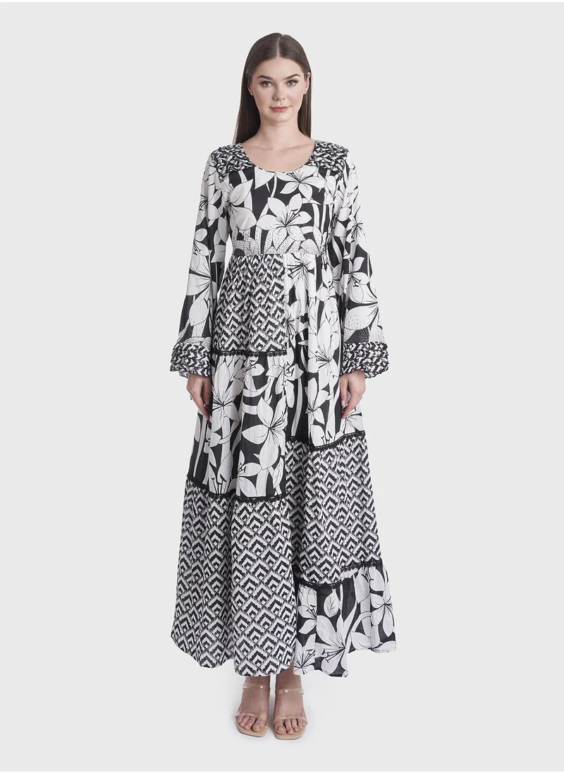 KASHKHA Cotton Abstract and Flower Print Jalabiya