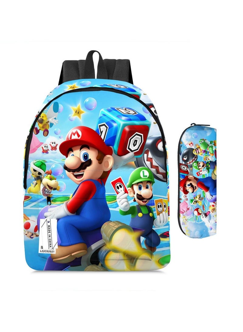 Super Mario Mario Cartoon Backpack Super Mario Student Schoolbag Pencil Case Two-piece Set - Image 1