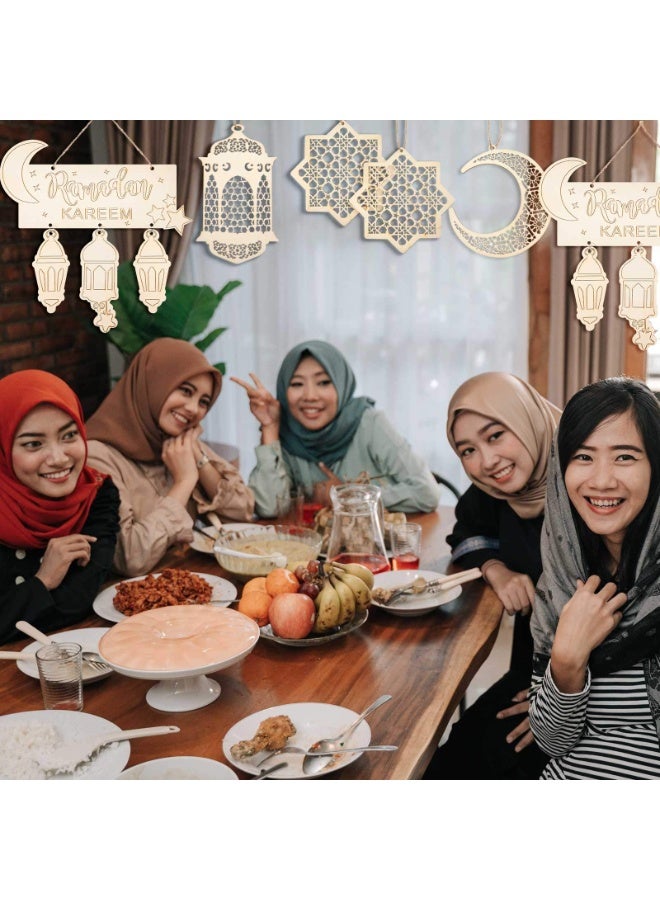 تشيلور 8 قطع من زينة رمضان، زينة عيد مبارك، قلادة خشبية مجوفة، زينة رمضان، فانوس قمري معلق، زينة على شكل نجمة، مناسبة لديكور طاولة غرفة المنزل أو المنزل الإسلامي. - Image 5
