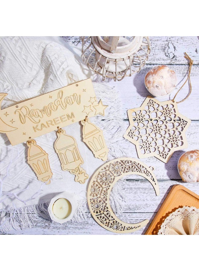تشيلور 8 قطع من زينة رمضان، زينة عيد مبارك، قلادة خشبية مجوفة، زينة رمضان، فانوس قمري معلق، زينة على شكل نجمة، مناسبة لديكور طاولة غرفة المنزل أو المنزل الإسلامي. - Image 4