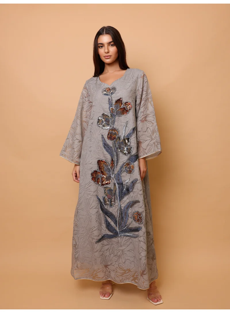 IKKXA Elegant Sequin Floral Applique Jalabiya
