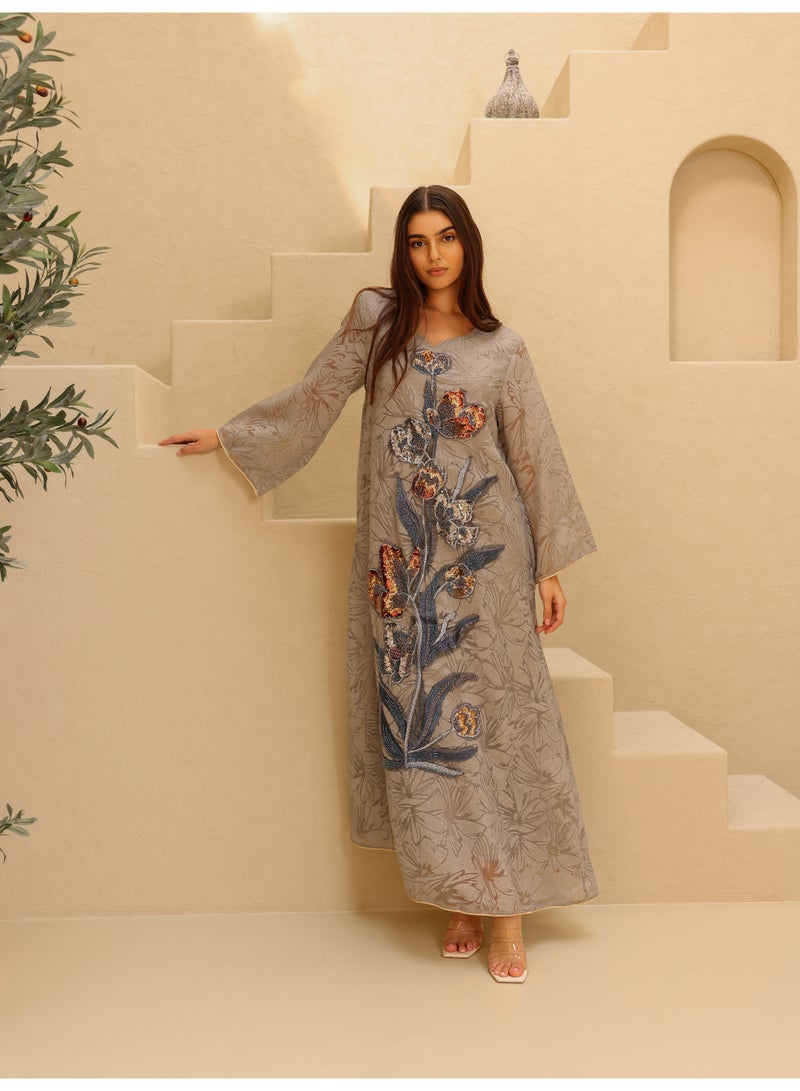 IKKXA Elegant Sequin Floral Applique Jalabiya - Image 1