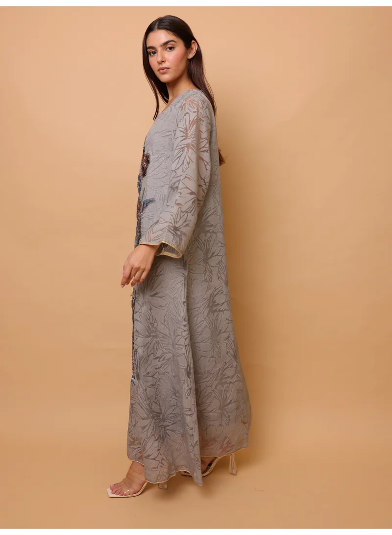 IKKXA Elegant Sequin Floral Applique Jalabiya