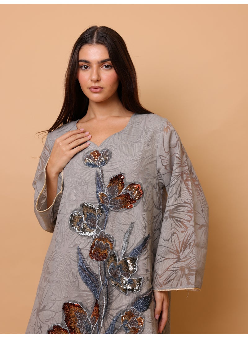 IKKXA Elegant Sequin Floral Applique Jalabiya - Image 2