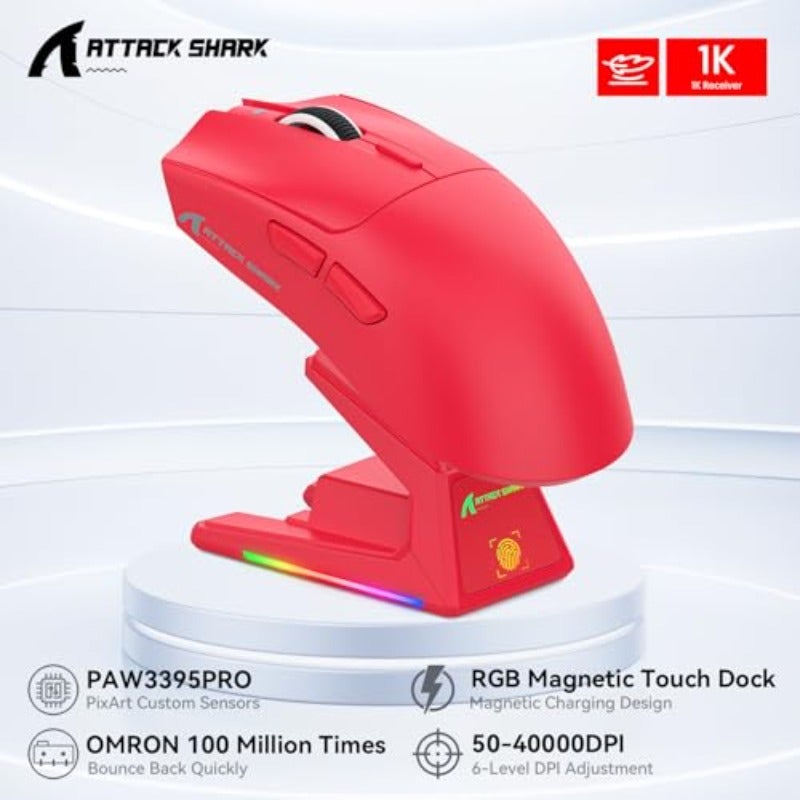 ATTACK SHARK X1 Gaming Mouse with Touchpad RGB Charging Dock PixArt PAW3395PRO Gaming Sensor BT 2.4G Wireless Wired Mouse 40000 DPI 53g Superlight Gamer Mice for Win11 Xbox PS Mac Red - Image 2