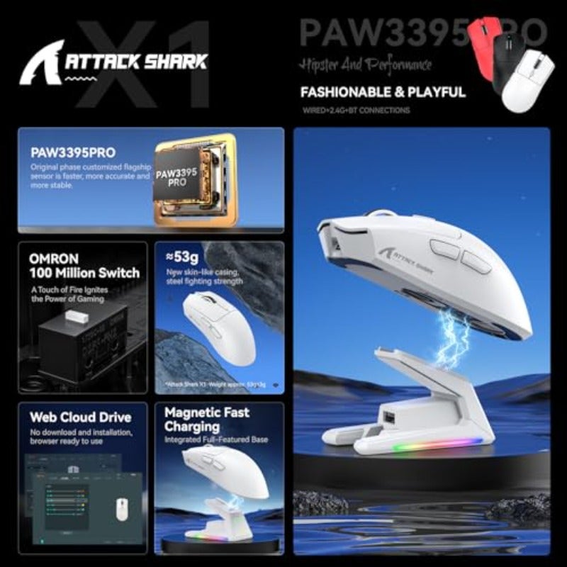 ATTACK SHARK X1 Gaming Mouse with Touchpad RGB Charging Dock PixArt PAW3395PRO Gaming Sensor BT 2.4G Wireless Wired Mouse 40000 DPI 53g Superlight Gamer Mice for Win11 Xbox PS Mac Red - Image 3