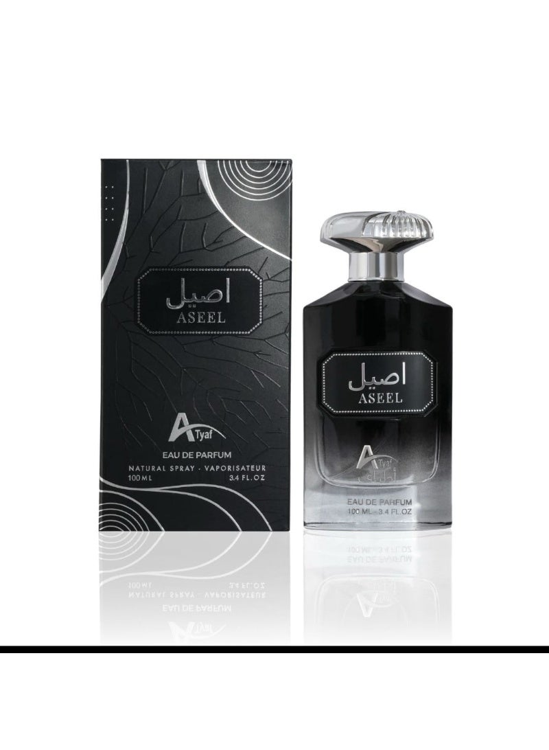 Aseel Eau de Parfum by Tyaf is a fragrant oriental woody and musky perfume in a 100ml bottle, featuring an elegant black bottle and a distinctive cap design.