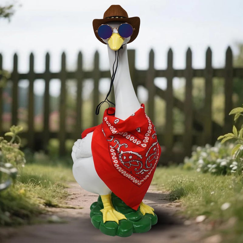 asdfg Porch Goose Statues with Outfits, 20 "Large Goose Porch Figurine Decor, Funny Porch Goose Decoration Set, Goose Outfit with Cowboy Hat and Glasses Red Scarf,for Outdoor Garden Yard Housewarming Gifts - Image 1