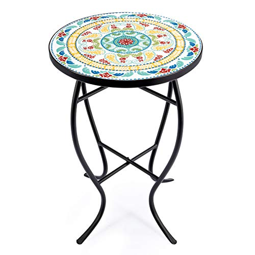 VONLUCE 21" Mosaic Plant Stand, 14 Inch Round Side Table with Ceramic Tile Top, Indoor and Outdoor Accent Table, Outdoor Patio Furniture, End Table for Garden Patio Living Room More, Floral - Image 1