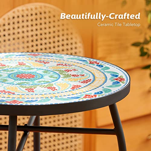 VONLUCE 21" Mosaic Plant Stand, 14 Inch Round Side Table with Ceramic Tile Top, Indoor and Outdoor Accent Table, Outdoor Patio Furniture, End Table for Garden Patio Living Room More, Floral - Image 5
