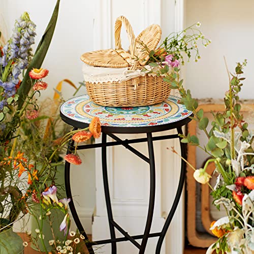 VONLUCE 21" Mosaic Plant Stand, 14 Inch Round Side Table with Ceramic Tile Top, Indoor and Outdoor Accent Table, Outdoor Patio Furniture, End Table for Garden Patio Living Room More, Floral - Image 2