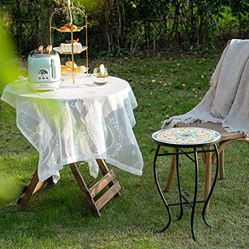 VONLUCE 21" Mosaic Plant Stand, 14 Inch Round Side Table with Ceramic Tile Top, Indoor and Outdoor Accent Table, Outdoor Patio Furniture, End Table for Garden Patio Living Room More, Floral - Image 4
