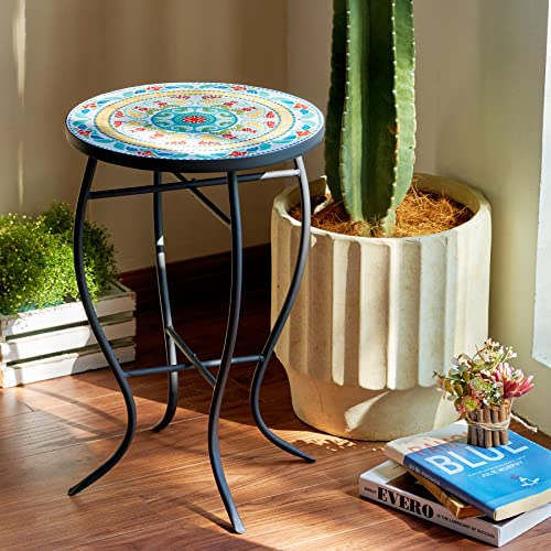 VONLUCE 21" Mosaic Plant Stand, 14 Inch Round Side Table with Ceramic Tile Top, Indoor and Outdoor Accent Table, Outdoor Patio Furniture, End Table for Garden Patio Living Room More, Floral - Image 3