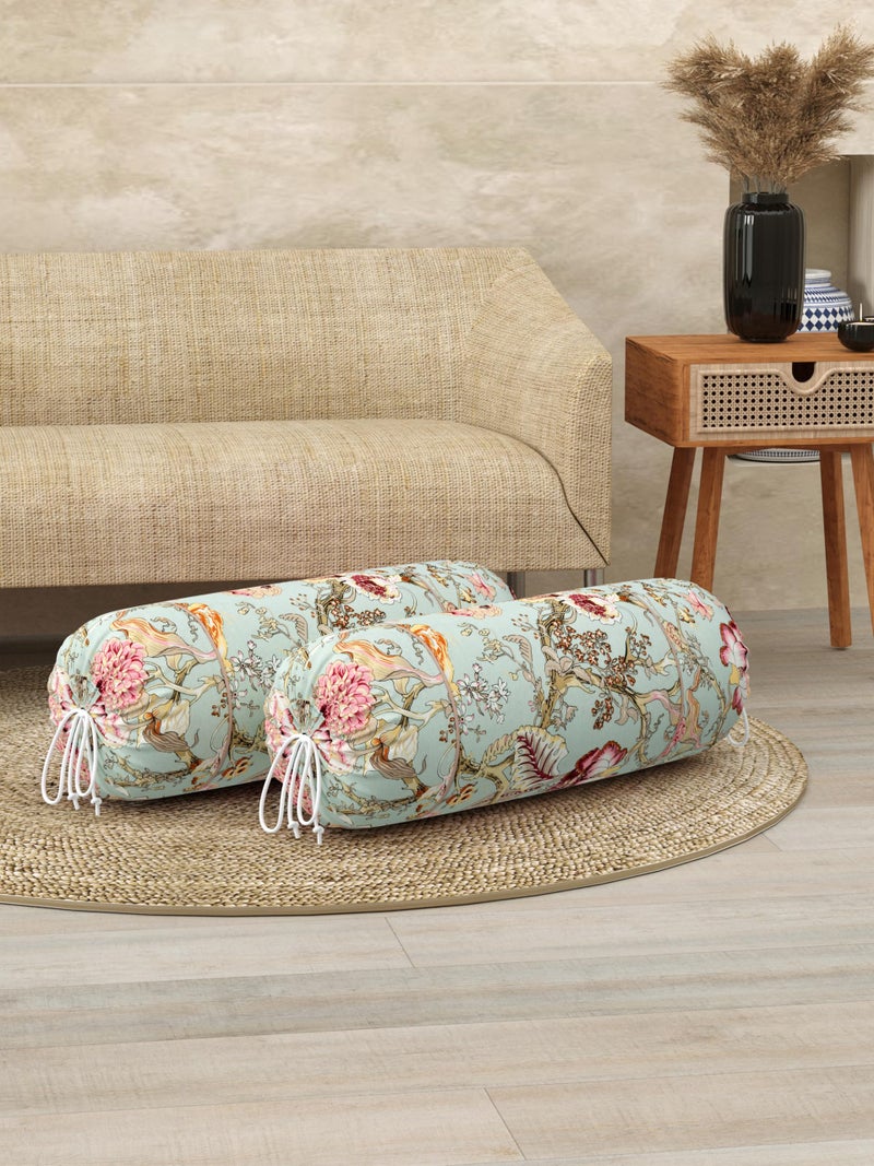 Clasiko® Cotton Bolster Covers; Set of 2; 220 TC; Multicolor Flowers On Green; 30x15 Inches - Image 5