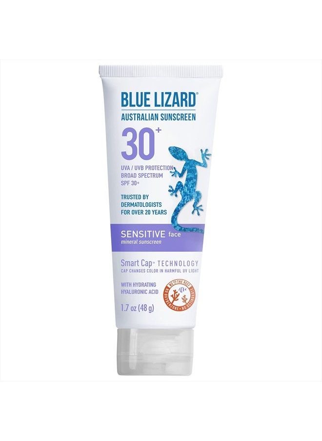 BLUE LIZARD - Blue Lizard SENSITIVE FACE Mineral Sunscreen with Zinc Oxide and Hydrating Hyaluronic Acid, SPF 30+, Water Resistant, UVA/UVB Protection with Smart Cap Technology - Fragrance Free, 1.7 oz. - Image 1
