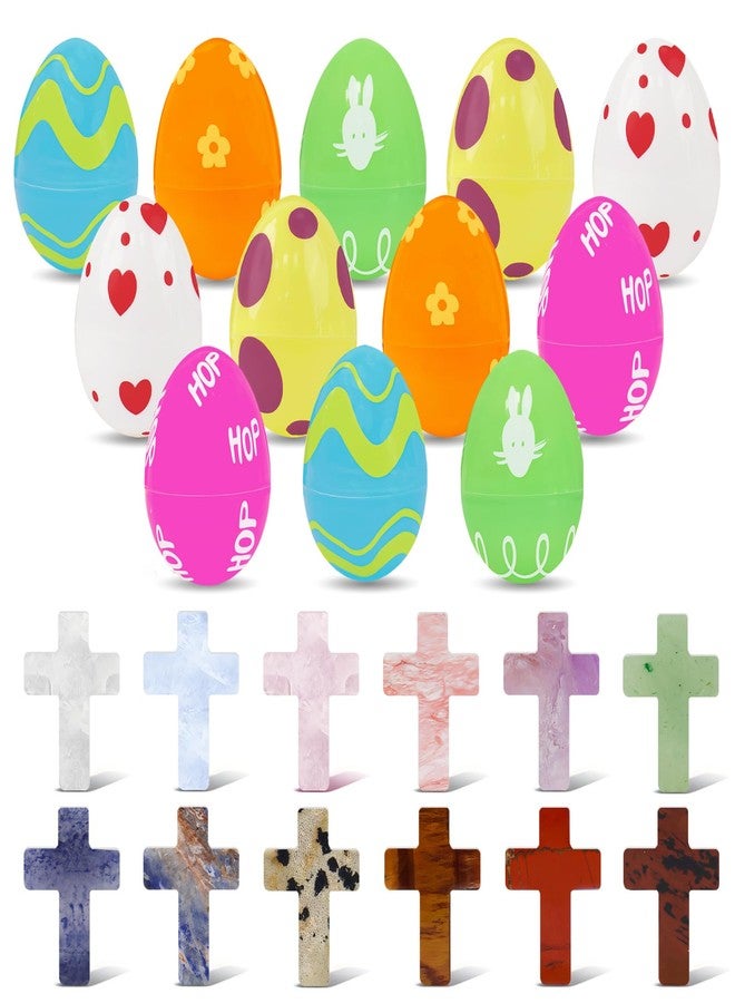 NZNDB 12 Pcs Prefilled Easter Eggs with Mini Cross Crystal Stone Bulks, Easter Eggs With Pocket Crosses for for Kids Boys Girls Easter Basket Stuffers Party Favors Easter Egg Hunt - Image 1