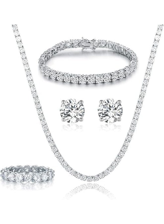 فيروز جوليري طقم عقد تنس مكون من قلادة /سوار/اقراط/خاتم، مجوهرات لا تسبب الحساسية، عبوة من 4 قطع للنساء تناسب جميع الاشخاص وهي عصرية . من فيروز جوليري - Image 1