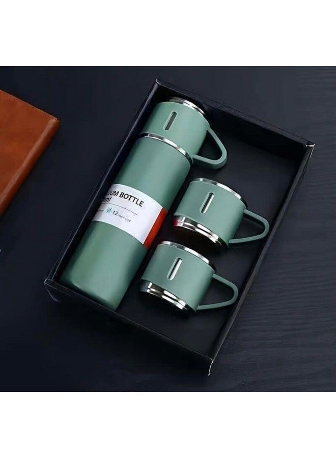 Kitchen Bloom Stainless Steel Vacuum Insulated Bottle Water Flask Gift Set with Two Cups Hot & Cold | Diwali Gifts for Employees | Corporate Gift Items | Vacuum Flast Set with 2 Mugs (Green) - Image 1