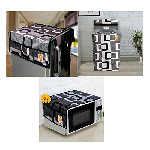 KANUSHI Industries® Fridge/Refrigerator Top Cover + 1 Pc Top Load Fully Automatic Washing Machine Cover + 1 Pc Microwave/Oven Top Cover(FRI+Micro+WASMAC-Fully-Black-Box) - Image 1