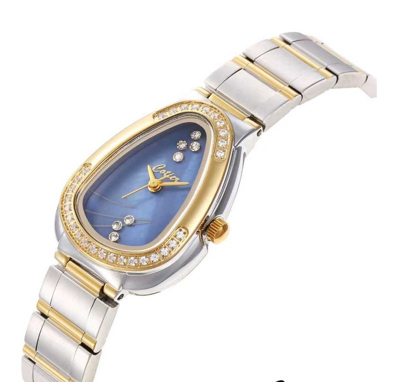 ساعة نسائية من الفولاذ المقاوم للصدأ بلونين، تتميز بإطار مرصع بالألماس