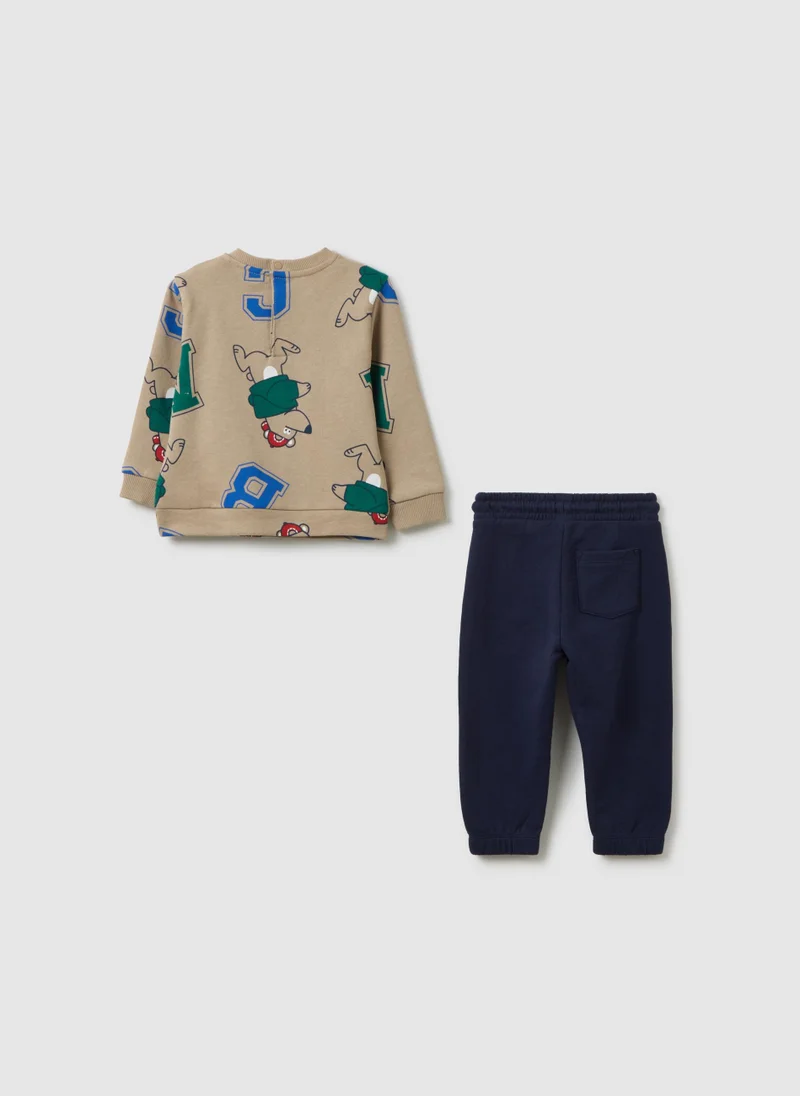 او في اس CHILDREN'S OUTFIT IN PURE BEIGE AND GREEN COTTON