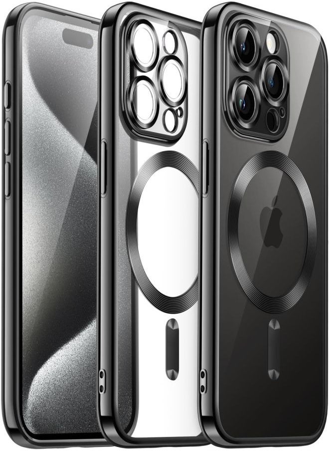 ESCASE - MagSafe Case Magnetic Clear Soft TPU Plating Case Wireless Charging Compatible Shockproof Camera Lens Protection For Apple iPhone 15 Pro Max Black - Image 1
