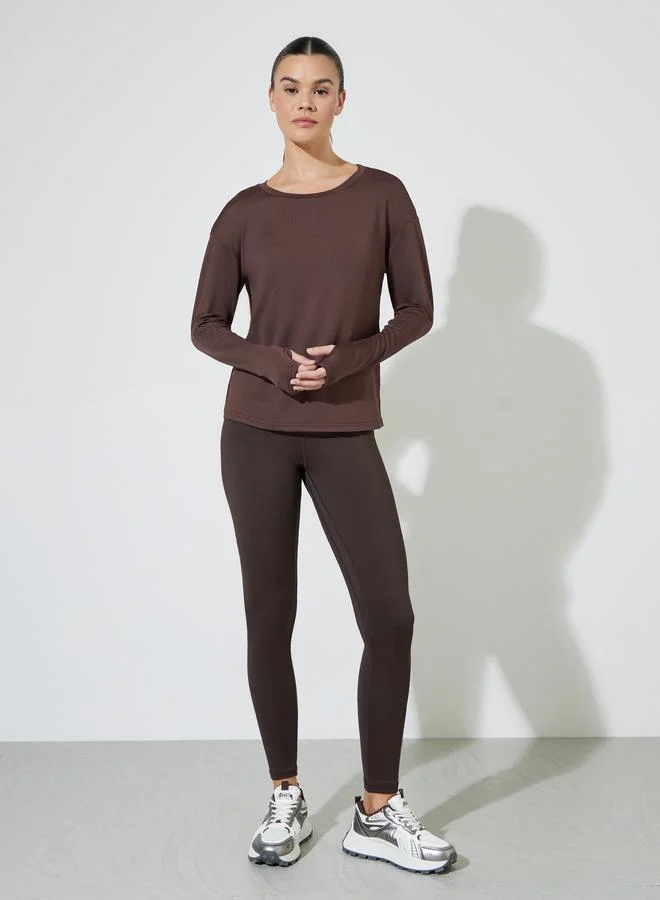 Styli Active Brown Double Layer Open Back Long Sleeves Yoga Top