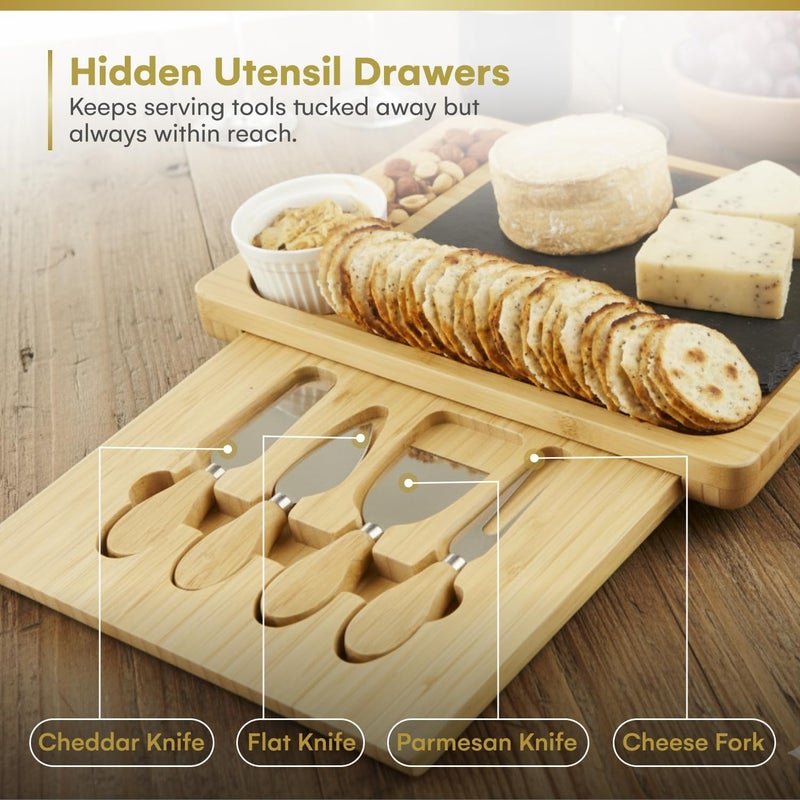 Dynamic Gear Charcuterie Board Gift Set, Expandable Bamboo Cheese Board with Stainless Steel Serving Utensils, Ceramic Bowls, Appetizer and Serving Trays, Utensil Trays - Housewarming 2 Drawers - Image 4