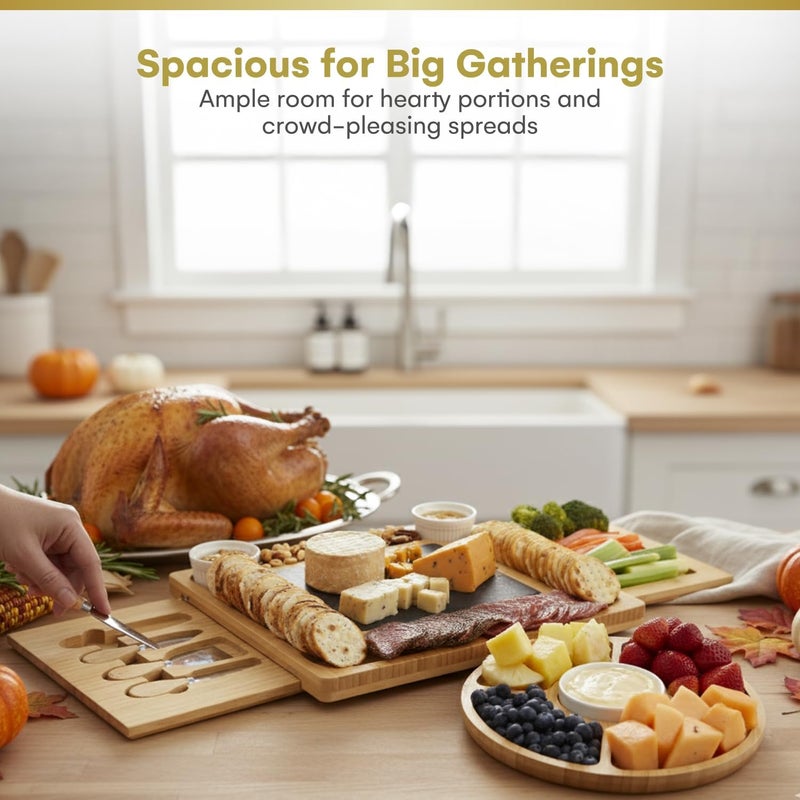 Dynamic Gear Charcuterie Board Gift Set, Expandable Bamboo Cheese Board with Stainless Steel Serving Utensils, Ceramic Bowls, Appetizer and Serving Trays, Utensil Trays - Housewarming 2 Drawers - Image 5