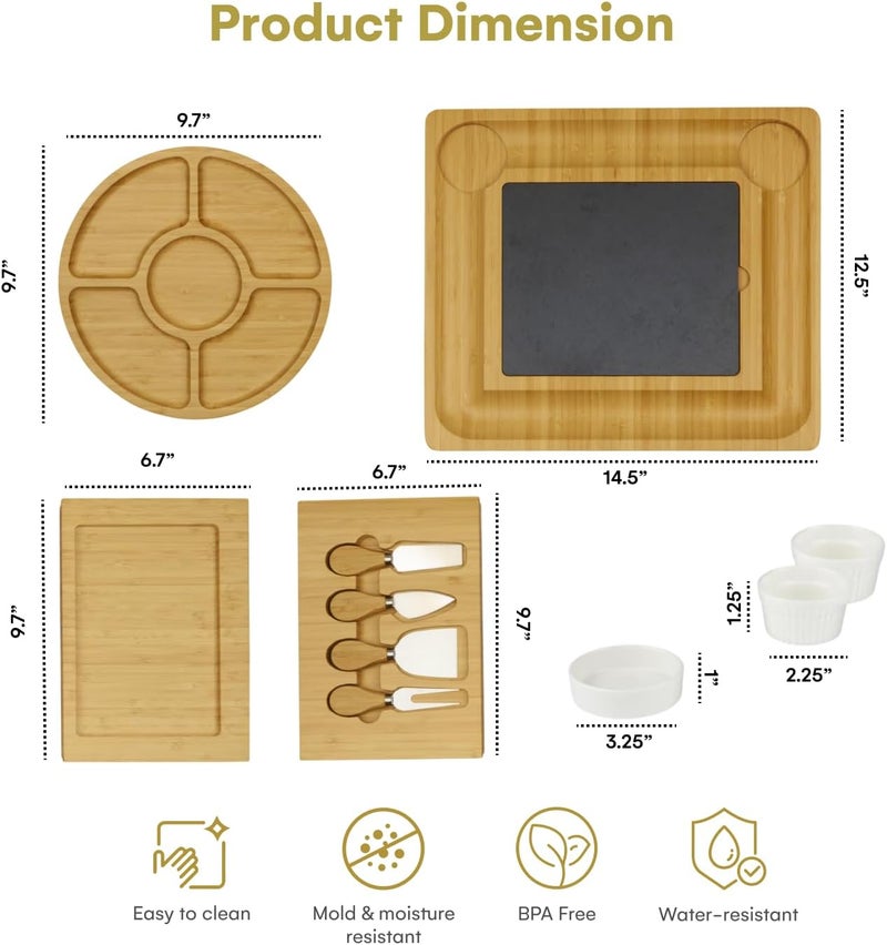 Dynamic Gear Charcuterie Board Gift Set, Expandable Bamboo Cheese Board with Stainless Steel Serving Utensils, Ceramic Bowls, Appetizer and Serving Trays, Utensil Trays - Housewarming 2 Drawers - Image 3