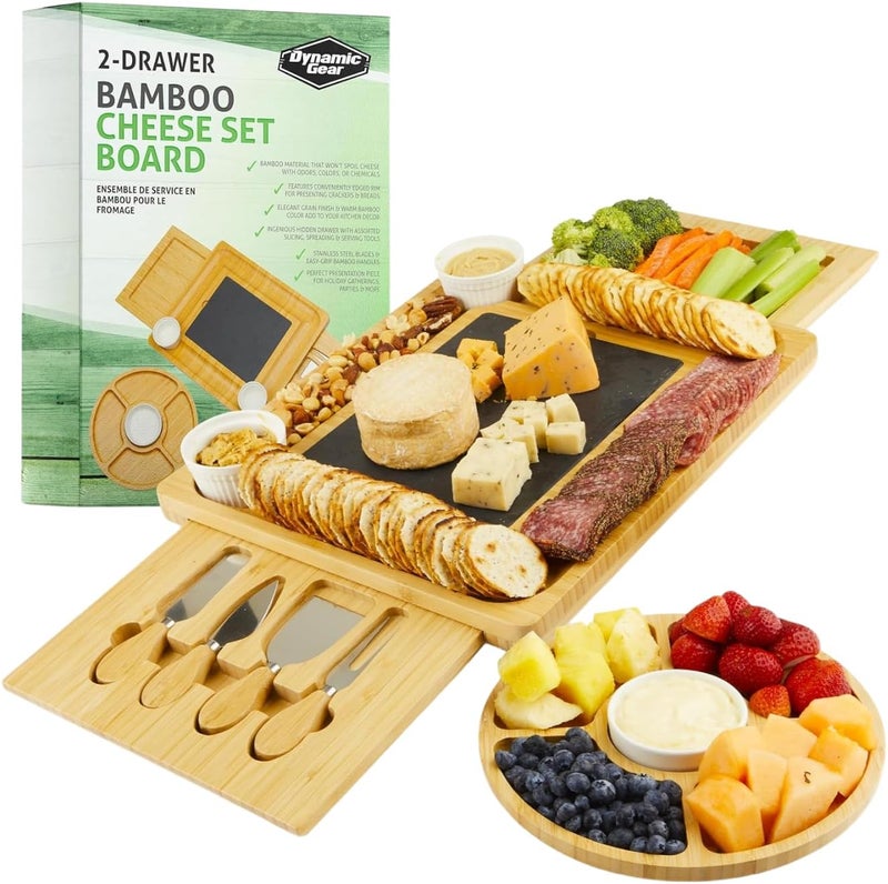 Dynamic Gear Charcuterie Board Gift Set, Expandable Bamboo Cheese Board with Stainless Steel Serving Utensils, Ceramic Bowls, Appetizer and Serving Trays, Utensil Trays - Housewarming 2 Drawers - Image 1