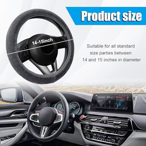Suvnie Car Fluffy Steering Wheel Cover 15 Universal Furry Auto Steering Wheel Protector for Warm Winter Elastic NonSlip Car Steering Wheel Cover Vehicle Interior Decor Accessories Gray - Image 3