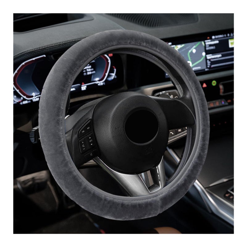 Suvnie Car Fluffy Steering Wheel Cover 15 Universal Furry Auto Steering Wheel Protector for Warm Winter Elastic NonSlip Car Steering Wheel Cover Vehicle Interior Decor Accessories Gray - Image 2