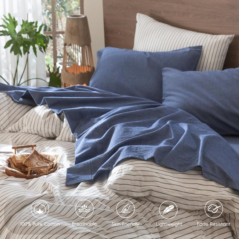 MooMee Bedding Sheet Set 100% Washed Cotton Linen Like Textured Breathable Durable Soft Comfy (Heathered Blue, Full) - Image 4
