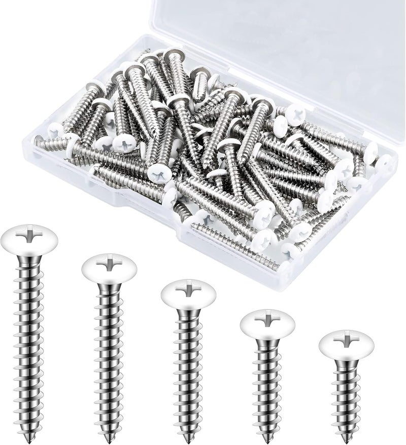 Funrous 100 Pcs #8 White Pan Head Screw White Sheet Metal Self Tapping Stainless Steel Wood to Metal Screws for Wall Plates Switches Covers Replacement, 5 Sizes - Image 1