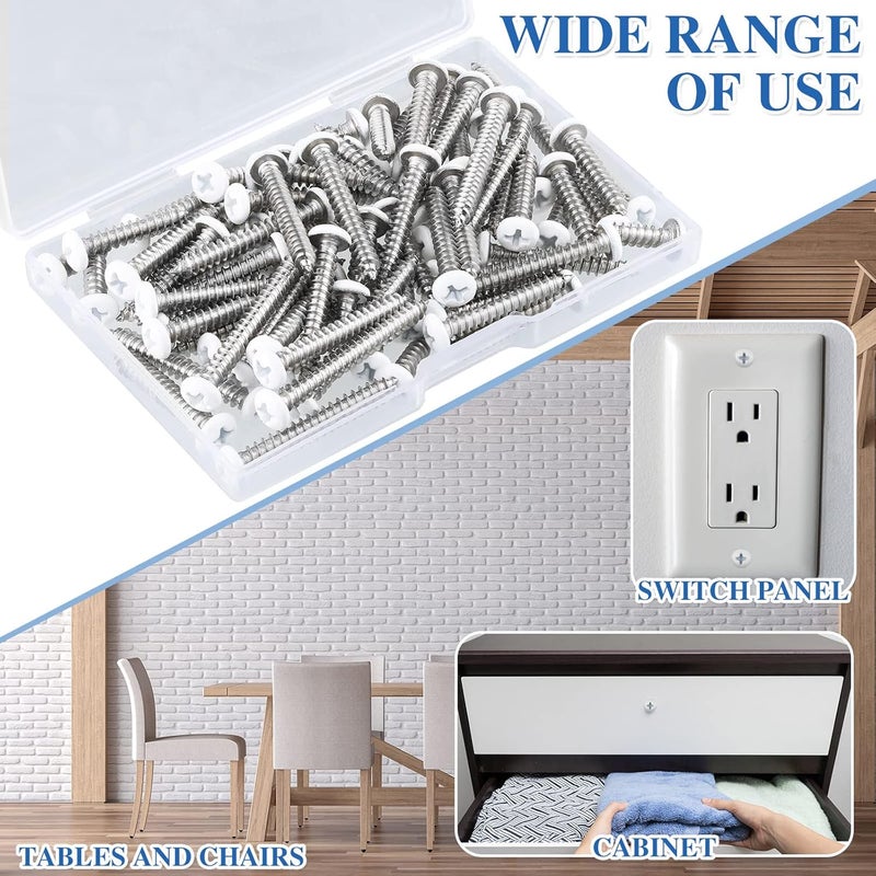 Funrous 100 Pcs #8 White Pan Head Screw White Sheet Metal Self Tapping Stainless Steel Wood to Metal Screws for Wall Plates Switches Covers Replacement, 5 Sizes - Image 4