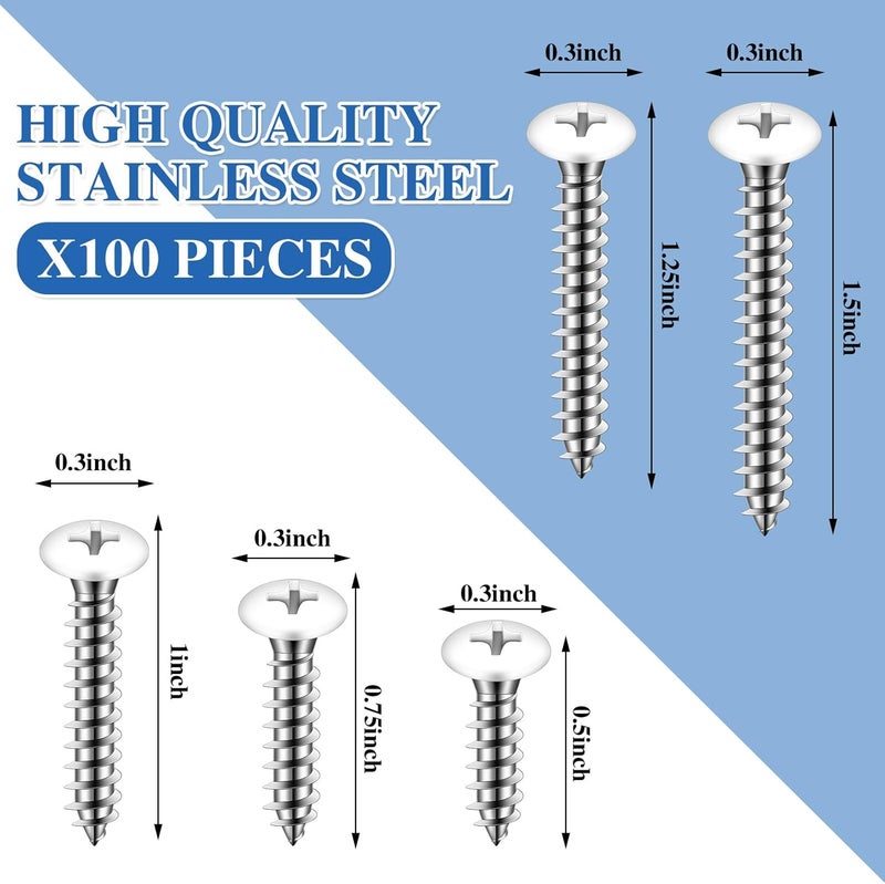 Funrous 100 Pcs #8 White Pan Head Screw White Sheet Metal Self Tapping Stainless Steel Wood to Metal Screws for Wall Plates Switches Covers Replacement, 5 Sizes - Image 2