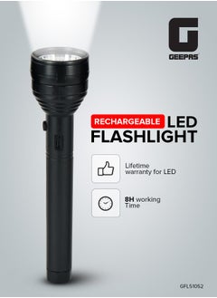 GEEPAS Rechargeable LED Flashlight, USB Rechargeable| 8hrs Working Torch | Lithium Battery | Ideal for Camping, Trekking & Outdoor Activities  - Image 1