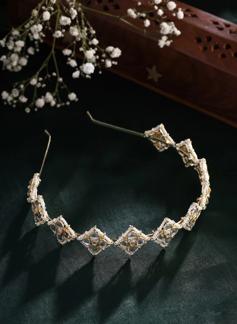 Priyaasi Diamond Shaped Pearl Kundan Hair Band