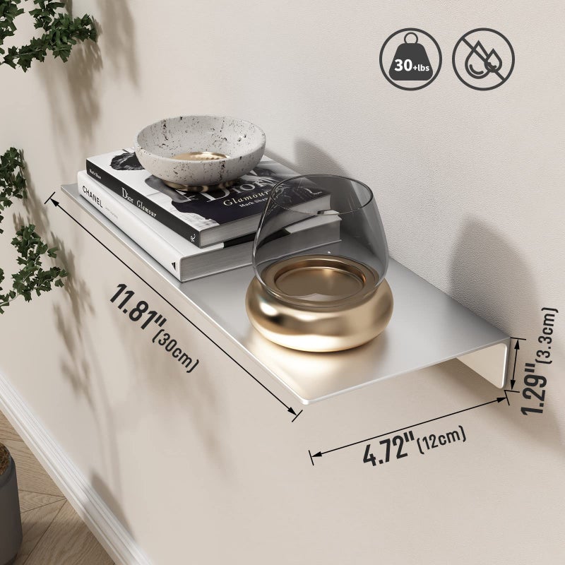 Danpoo Adhesive Floating Shelf for Wall Storage, Metal Wall Shelf for Bedroom/Living Room/Kitchen/Bathroom, Display Shelf for Collectibles(Silver, 12") - Image 2