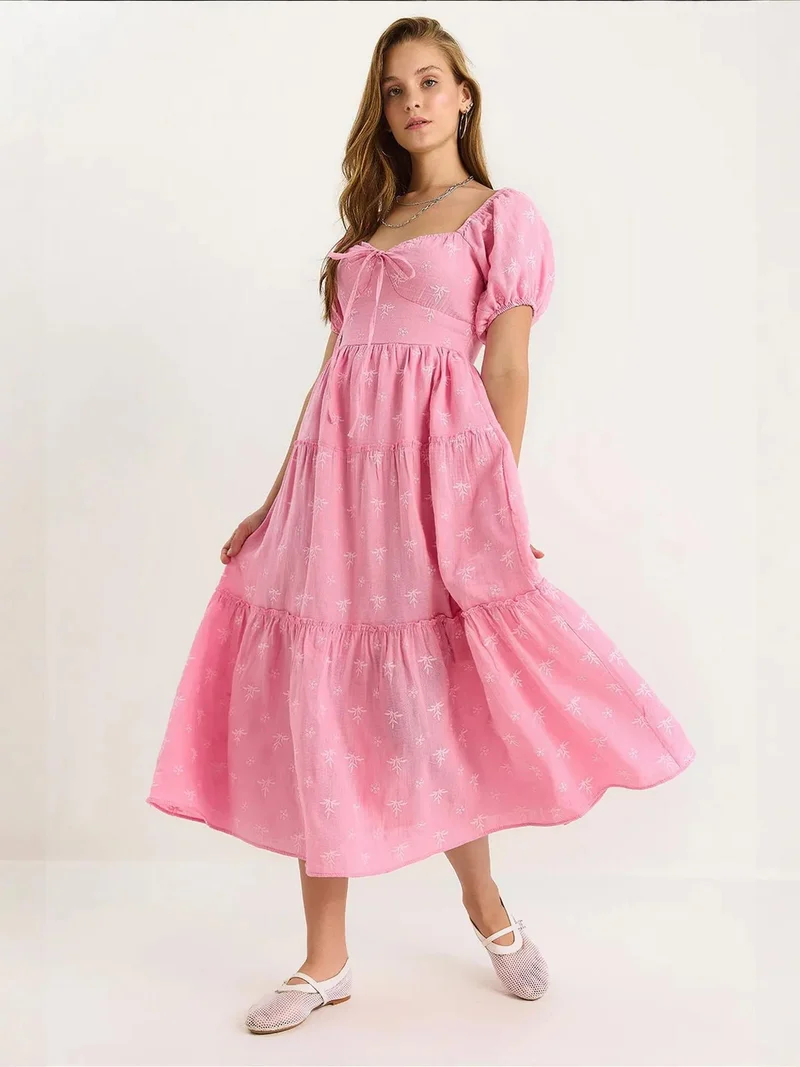 LUCCI Embroidered Heart Collar Maxi Dress