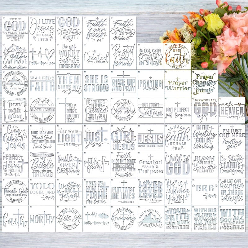 AFRITEE Bible Verse Stencils for Painting on Wood - 65 Pcs Small Christian Bible Reusable Stencils for Journaling Painting, Motivational Quotes Cross Stencils for Painting on Canvas Home Craft Decorations - Image 1