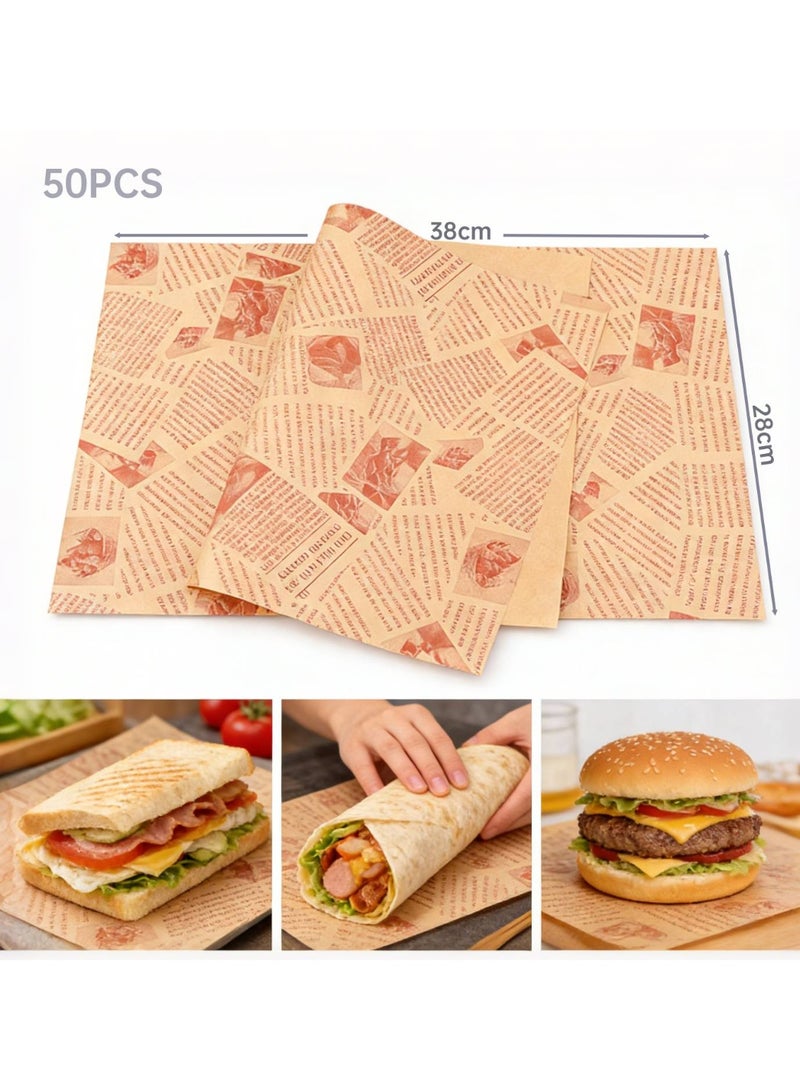 50-Piece Large Sandwich Bread Burger Fries Food Grade Wrapping Silicone Greaseproof Paper, Air Fryer Special Oil Proof Paper, Waterproof and Oil Proof Paper for Baking, Suitable for Home Kitchen/Restaurant/Hotel/Commercial,  Microwave-safe(38 x 28cm)